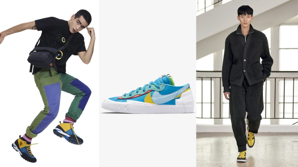 El actor Omar Ayuso con zapatillas de Loewe / Sneakers azules de Nike / Modelo con propuesta de Hermés