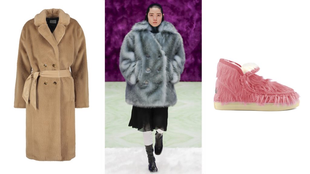 GAUDÍ Abrigo beige // PRADA Modelo con abrigo furry // MOU Zapatilla de peluche rosa