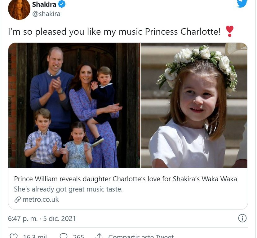 Shakira ha reaccionado a las palabras del príncipe, dedicándole un tweet a Carlota (Twitter)