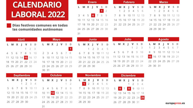 Calendario laboral 2022: festivos y puentes en España por comunidad autónoma