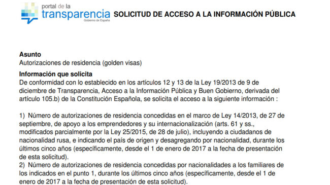 Transparencia Internacional España solicita acceso a la información sobre ‘golden visas’