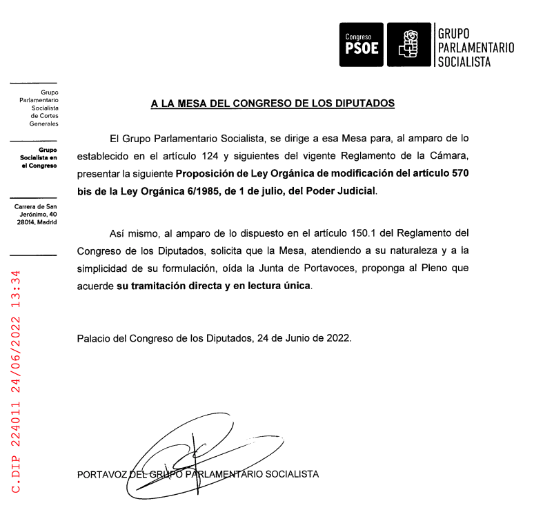 Proposición de Ley orgánica registrada por el PSOE para forzar el vuelco en el TC
