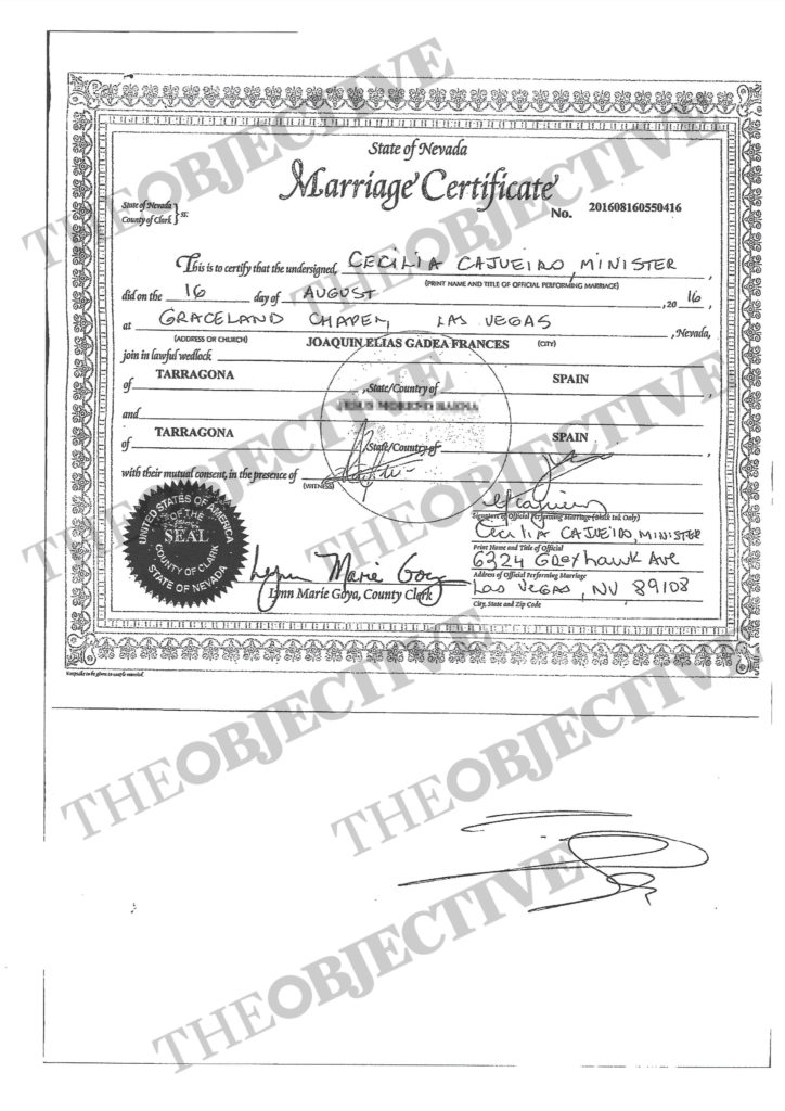 Acta de matrimonio entre el juez Gadea y su expareja en Las Vegas, el 16 de agosto de 2016.