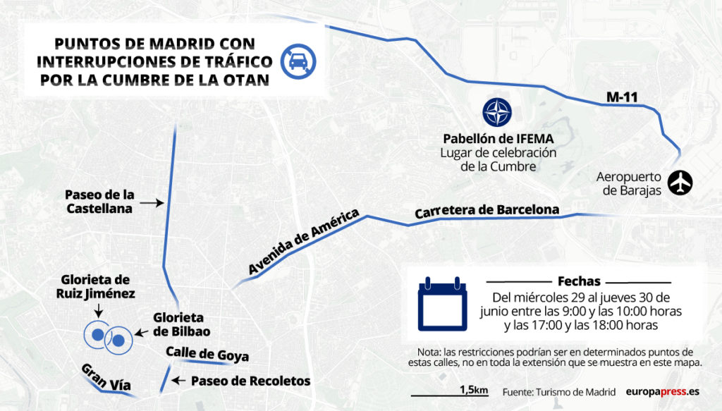 Mapa con puntos de Madrid con interrupciones de tráfico por la Cumbre de la OTAN, que tendrá lugar los días 29 y 30 de junio de 2022.